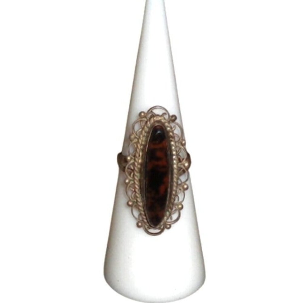 Vtg Obsidian? Elongated Oval Navette Filigree Ornate Sterling Silver Ring 5.75